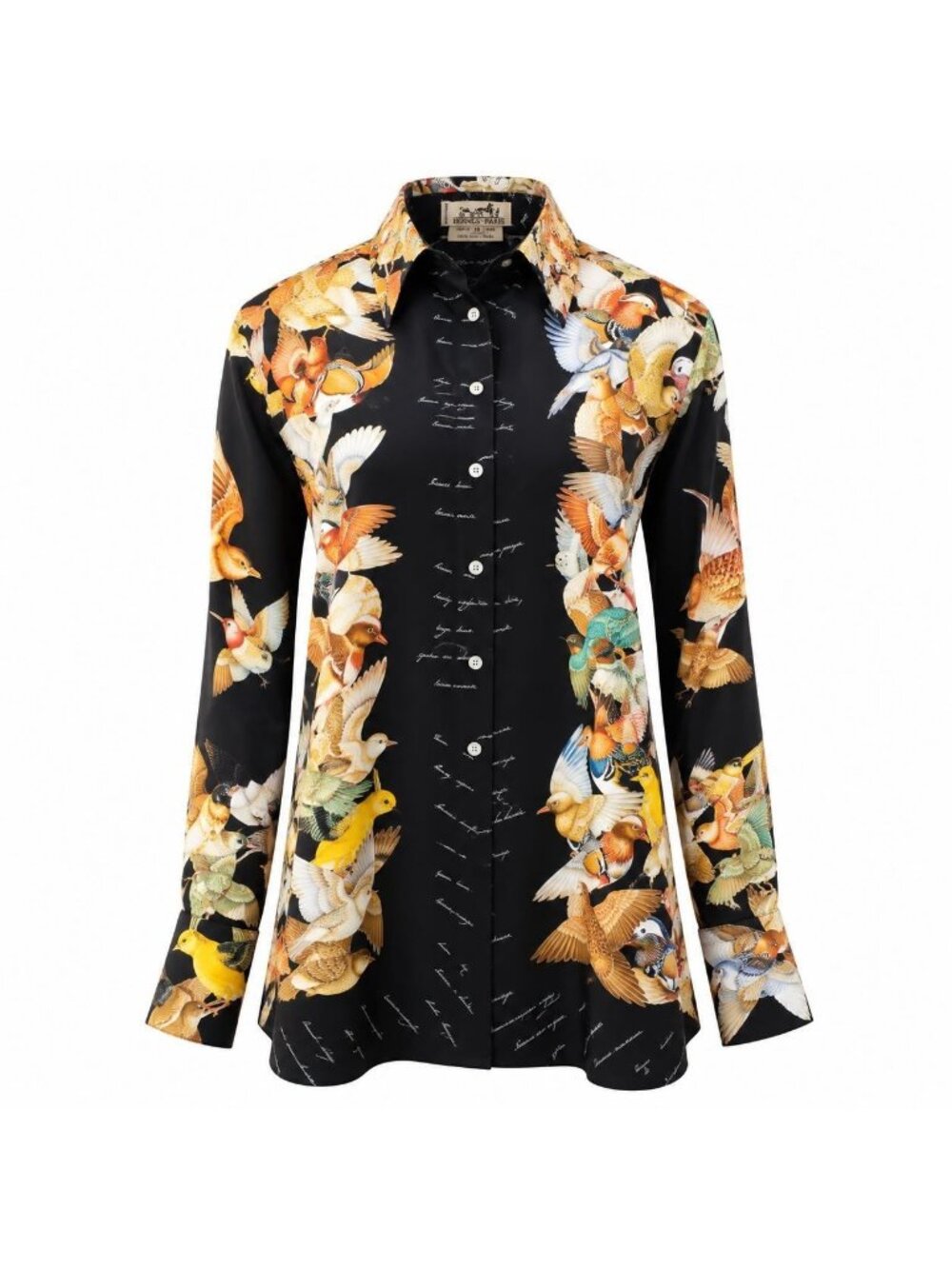 Hermes Shirt Blouse Long Sleeve Bird All Over Print Silk Black 36